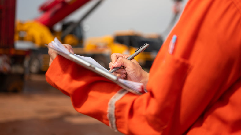Person holding clipboard on construction site