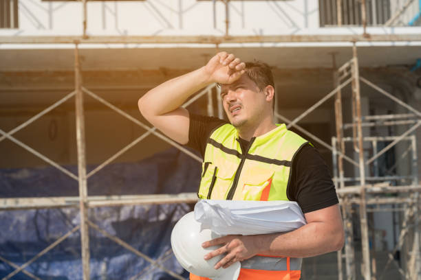 Construction worker shielding his face from the sun