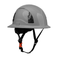 Gray hard hat with chin strap on a white background
